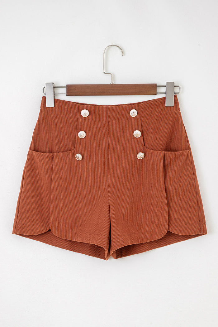 Clay Button Decor Scalloped Edge High Waist Corduroy Shorts