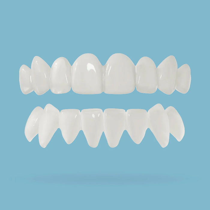 Top and bottom teeth snap on veneer on a light blue background