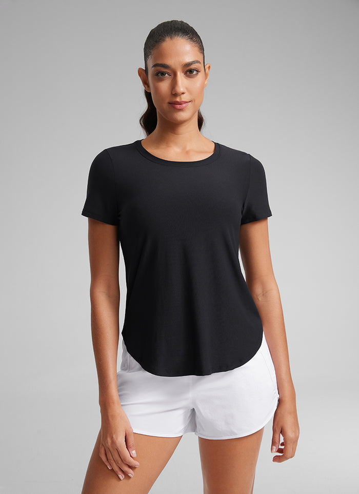 CRZ YOGA Women's Workout Lightweight Crewneck Short Sleeves Side Slit Black
