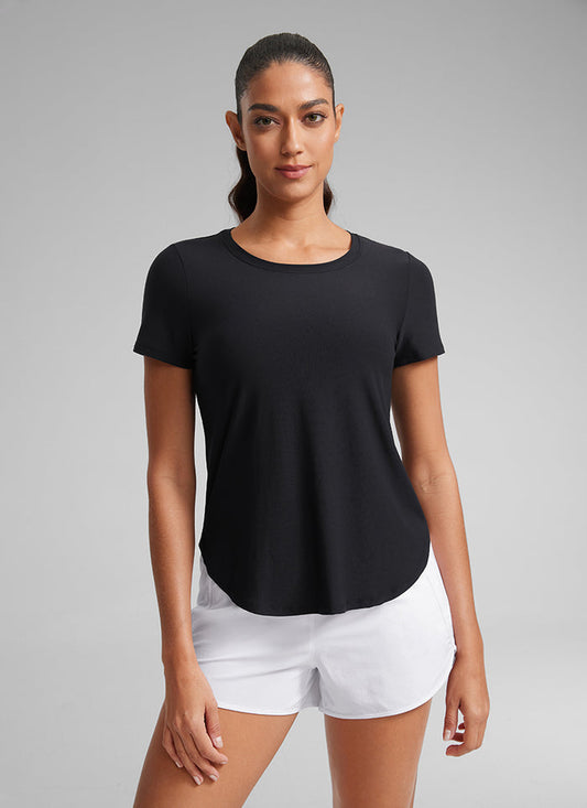 CRZ YOGA Women's Workout Lightweight Crewneck Short Sleeves Side Slit Black