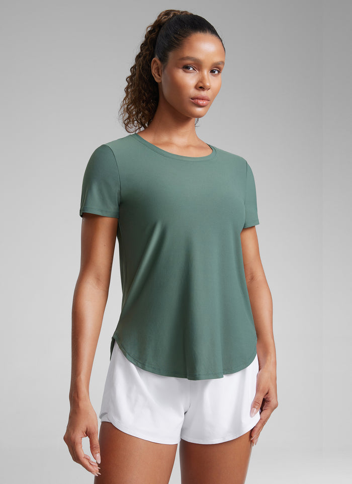 CRZ YOGA Women's Workout Lightweight Crewneck Short Sleeves Side Slit Graphite Green