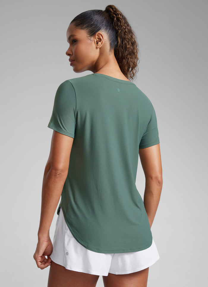 CRZ YOGA Women's Workout Lightweight Crewneck Short Sleeves Side Slit Graphite Green