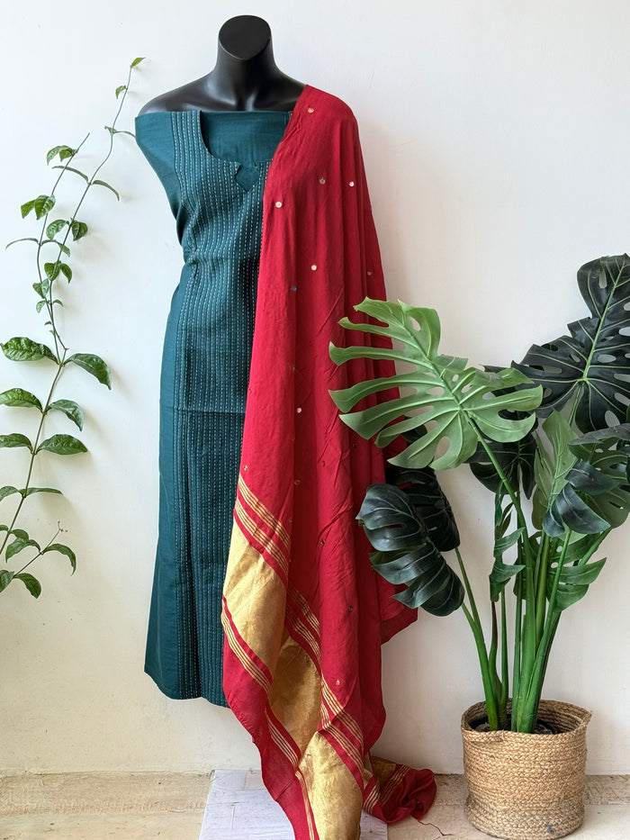 Contrast mirror work silk Dupatta with silk cotton top
