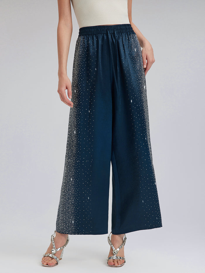 Crystal-Embellished Stretch Waistband Wide-Leg Pants