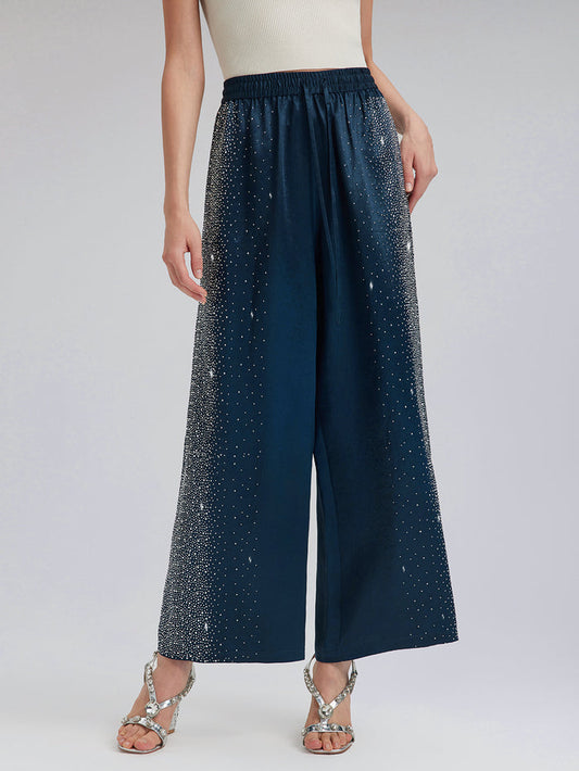 Crystal-Embellished Stretch Waistband Wide-Leg Pants