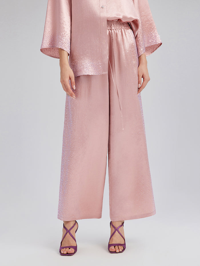 Crystal-Embellished Stretch Waistband Wide-Leg Pants
