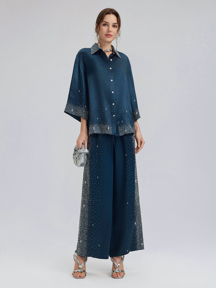 Crystal-Embellished Stretch Waistband Wide-Leg Pants
