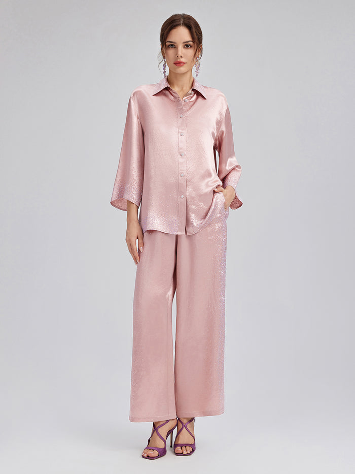 Crystal-Embellished Stretch Waistband Wide-Leg Pants