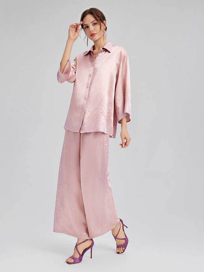 Crystal-Embellished Stretch Waistband Wide-Leg Pants
