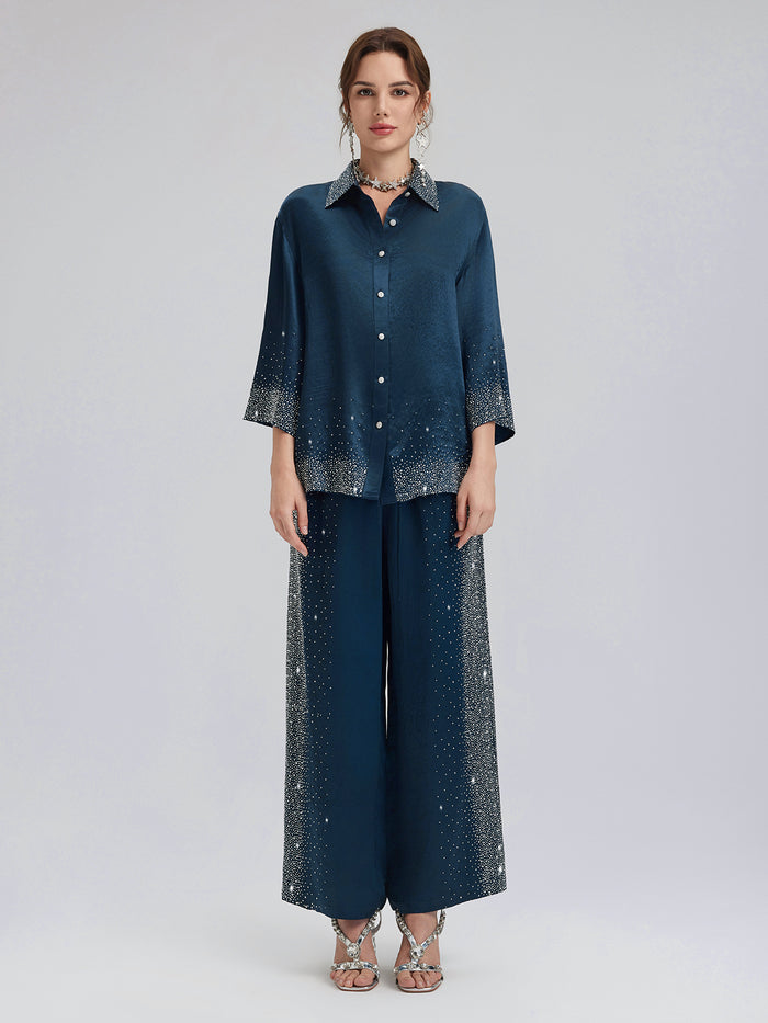 Crystal-Embellished Stretch Waistband Wide-Leg Pants