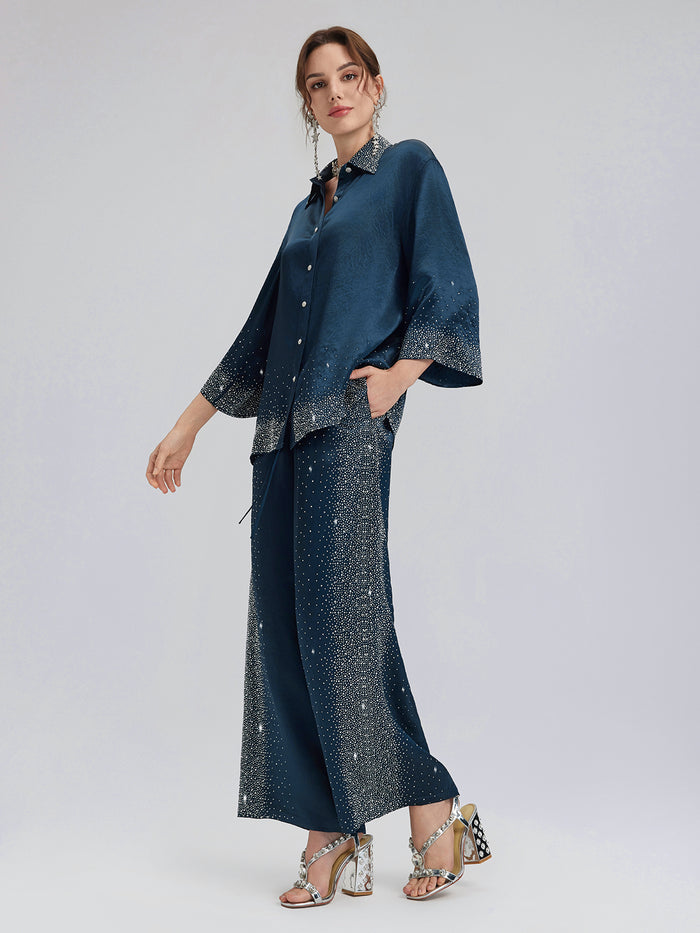 Crystal-Embellished Stretch Waistband Wide-Leg Pants