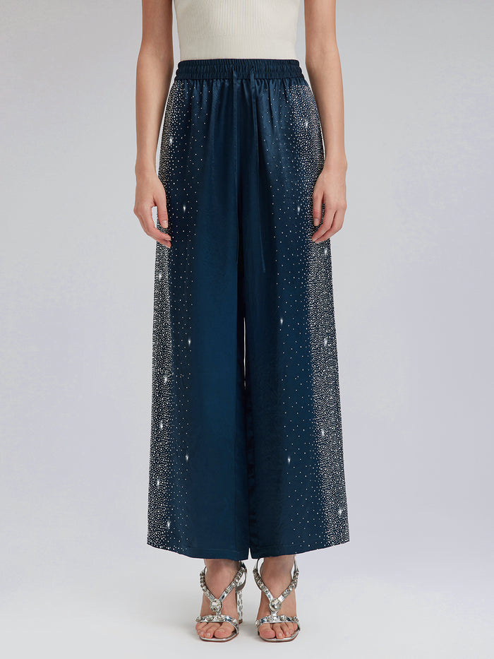 Crystal-Embellished Stretch Waistband Wide-Leg Pants