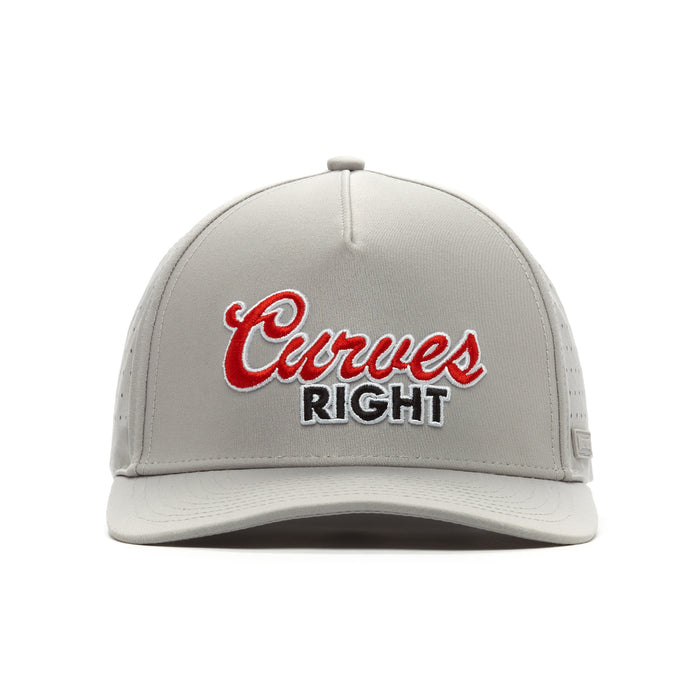 The Curves Right - Performance Golf Hat - Snapback is a light gray structured cap with “Curves RIGHT” embroidered on the front—“Curves” in red cursive outlined in white, and “RIGHT” in bold black caps. Made of sweat stain resistant performance fabric.