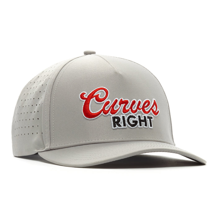 The Curves Right Performance Golf Hat is a light gray snapback with side perforations, sweat stain resistance, a curved bill, subtle top button, and bold red and white Curves RIGHT embroidery on the front.