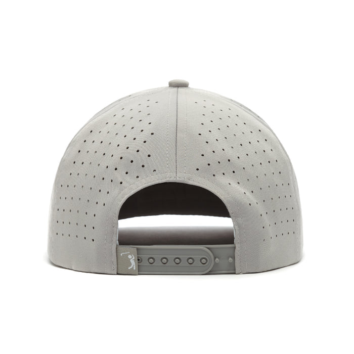 The Curves Right Performance Golf Hat is a light gray snapback cap shown from the back, featuring perforated ventilation holes, performance material, an adjustable plastic closure, and a small stitched logo tag on the left side.