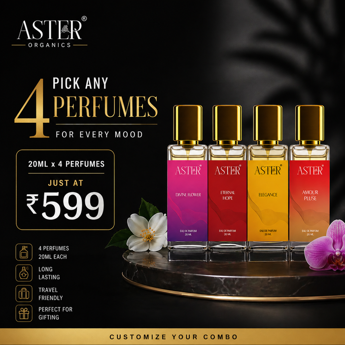 Four perfume bottles with customizable labels, arranged for a perfume combo offer.