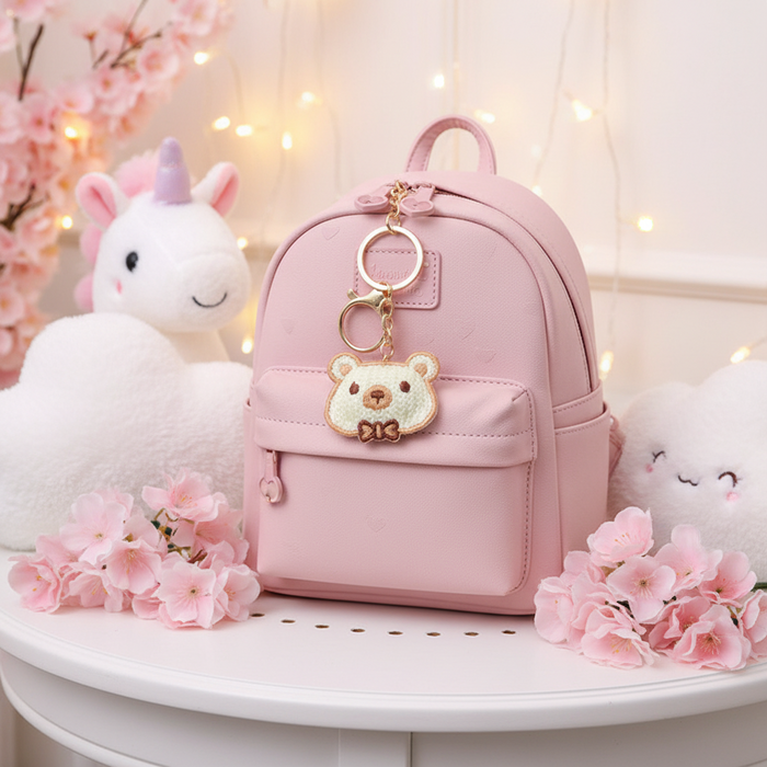 Cute Embroidered Teddy Bear & Rabbit Keychain – Plush Fabric Animal Keyring with Gold Clasp (AKY1289)