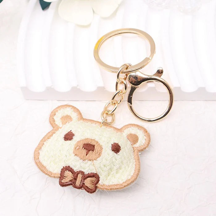 Cute Embroidered Teddy Bear & Rabbit Keychain – Plush Fabric Animal Keyring with Gold Clasp (AKY1289)