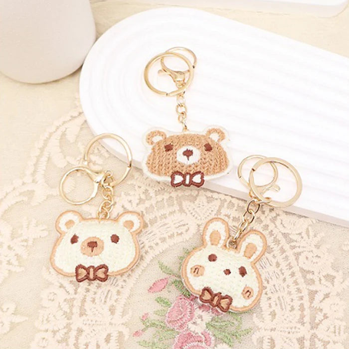 Cute Embroidered Teddy Bear & Rabbit Keychain – Plush Fabric Animal Keyring with Gold Clasp (AKY1289)
