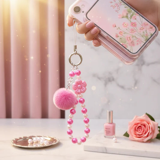 Cute Pastel Beaded Phone Charm Strap with Faux Fur Pom Pom & Flower Accents | Y2K Aesthetic Beaded Wrist Lanyard Accessory for Keys, Bags, & Phones (AKY1228)