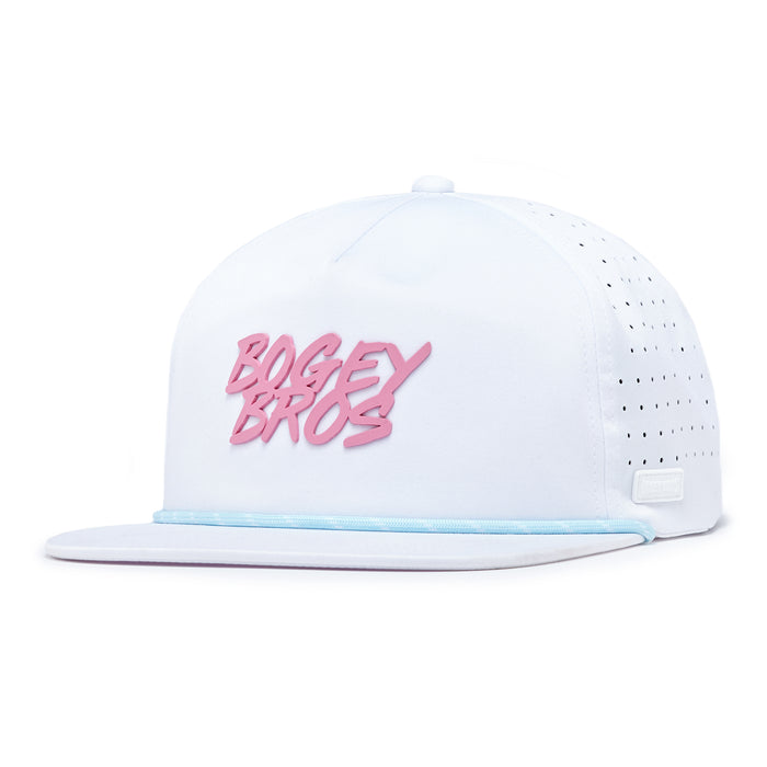 The Da 90’s Unstructured Flat Bill Hat - Snapback is a white performance hat with "BOGEY BROS" in bold pink letters, a light-blue brim trim, and ventilated perforated side panels.