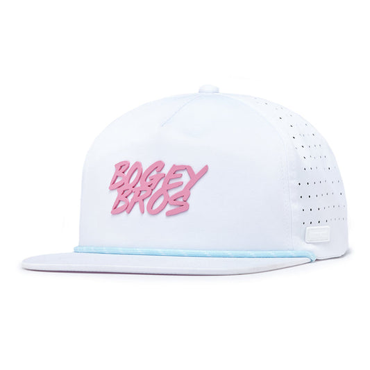 The Da 90’s Unstructured Flat Bill Hat - Snapback is a white performance hat with "BOGEY BROS" in bold pink letters, a light-blue brim trim, and ventilated perforated side panels.
