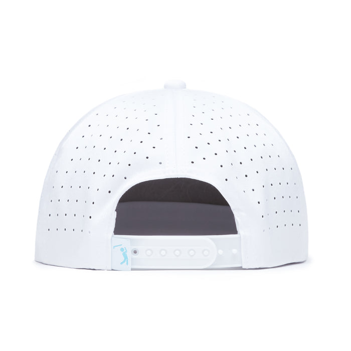 The Da 90's Unstructured Flat Bill Hat is a white snapback baseball cap with an adjustable plastic closure, ventilation perforations, and performance fabric. A small blue stick figure logo accents the left side of the strap.