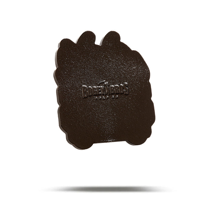 A dark brown, irregularly shaped ball marker embossed with "BOBERR BROS SINCE 1906"—the Dumpster Fire - Ball Marker—floats mid-air against a white background, casting a soft shadow below.