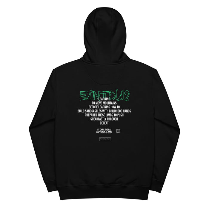 This 17th & Granville poetry hoodie is a wardrobe staple, featuring a striking design with green and white text on the back that reflects on enduring challenges, building skills, and overcoming defeat to achieve success. Crafted from organic cotton, it comes with a drawstring hood for a cozy and casual feel.