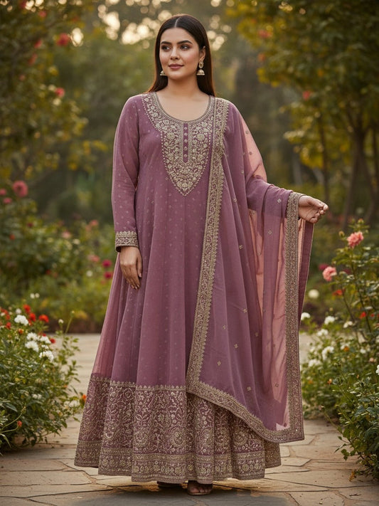 Kurti Connection USA mauve chiffon Anarkali kurta set with intricate gold embroidery and matching sheer dupatta
