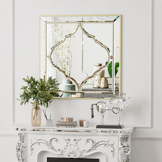 Elegant Square Wall Silver Glass Decorative Accent Mirror Golden Rim for Hallway
