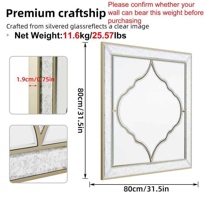 Elegant Square Wall Silver Glass Decorative Accent Mirror Golden Rim for Hallway