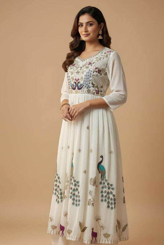 Kurti Connection USA off-white Anarkali dress with vibrant peacock embroidery, V-neckline, and three-quarter sleeves.