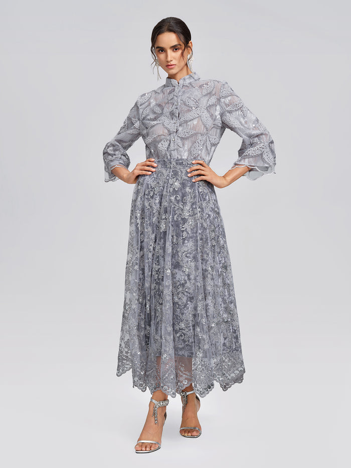 Embroidered Lace Sequin A-Line Skirt