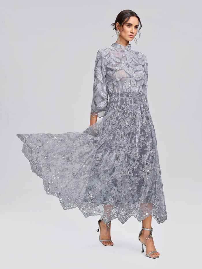 Embroidered Lace Sequin A-Line Skirt