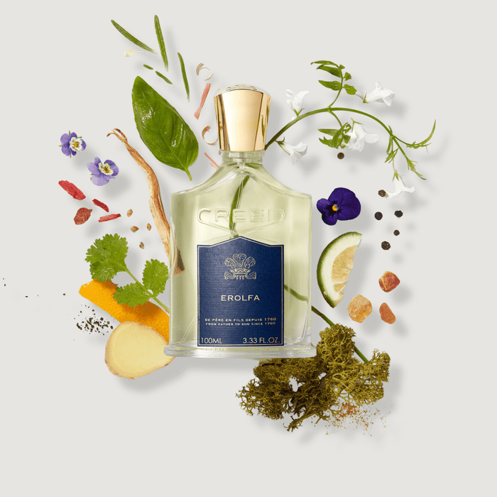 Creed Erolfa 100ml Eau de Parfum with citrus, florals and moss ingredients - Flat Lay | Creed Fragrances