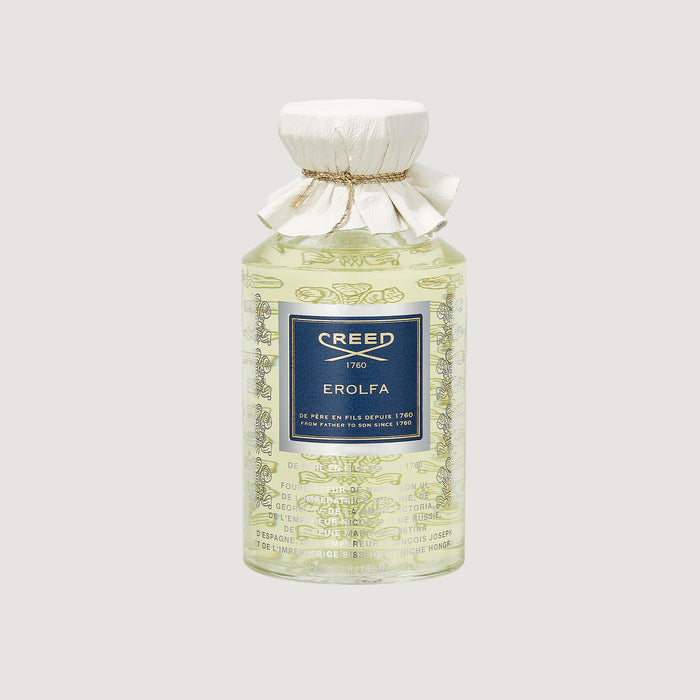 Creed Erolfa 240ml flacon - heritage glass bottle, white leather cap, navy label | Creed Fragrances