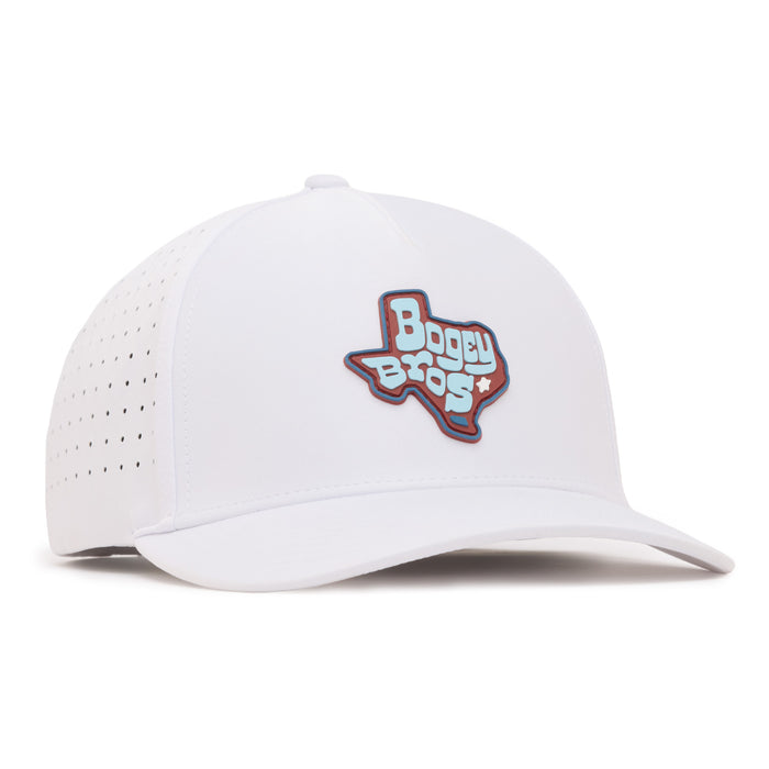 A white baseball cap with a structured front and curved brim. The side panels are perforated. The front displays a Texas-shaped patch with the words Boogy Bros in stylized blue letters outlined in red and brown.