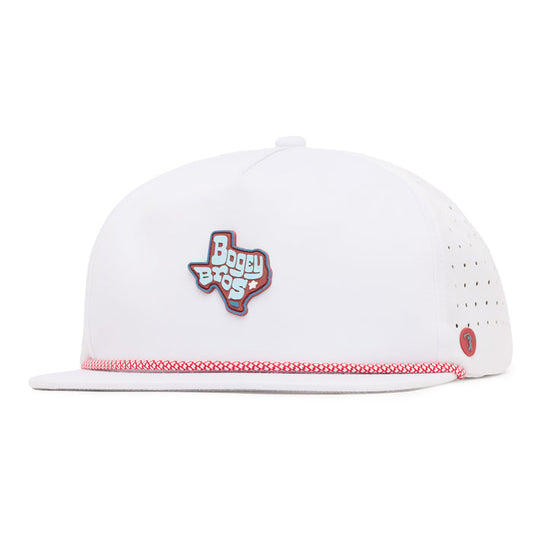 A white snapback hat featuring a Texas-shaped Bogey Boys patch on the front, red accent stitching along the brim, perforated side panels, and a small round logo on the left side.