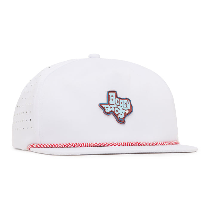 A white snapback hat with red trim on the brim. The front features an outline of Texas with the words Boogy Bros in stylized blue and white letters. Small perforations are visible on the side of the cap for ventilation.