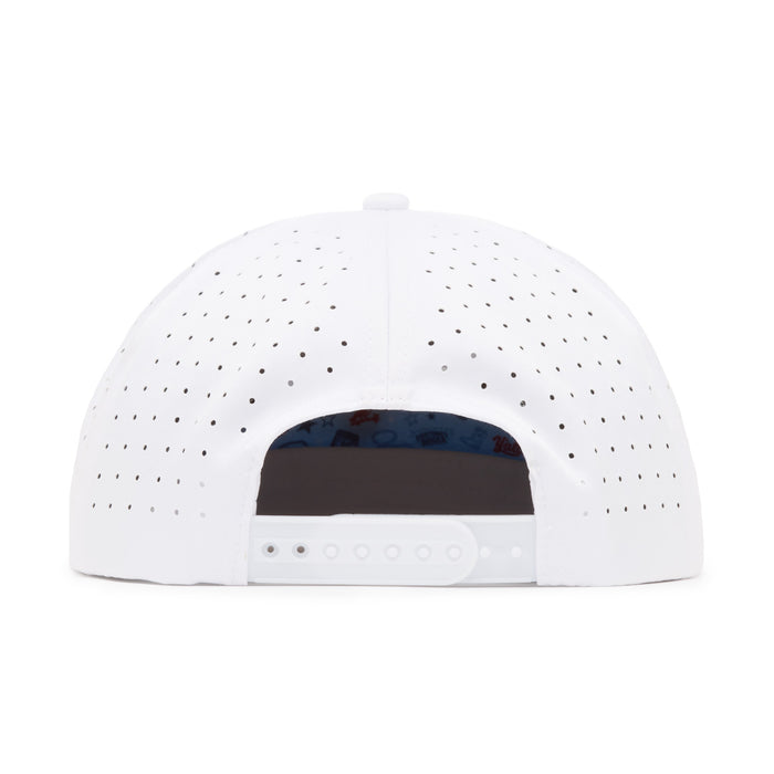 Back view of a white baseball cap with perforated holes and an adjustable plastic snap closure.