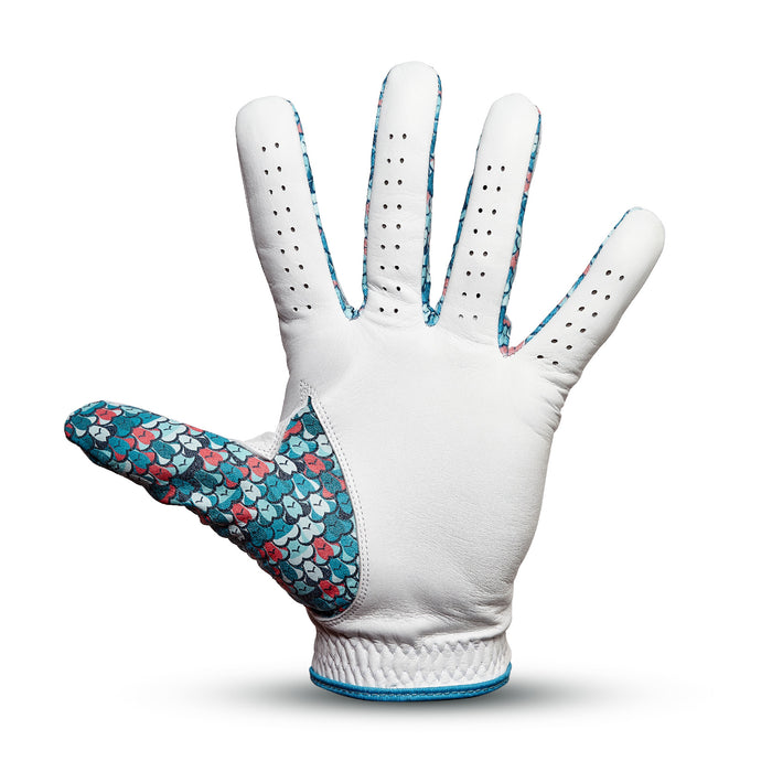The Eyes Up Here - The 305 - Glove is shown palm-up, in Cabretta leather with finger perforations, reinforced seams, and a vibrant fish-scale design in teal, blue, red, and white on the thumb and sides.