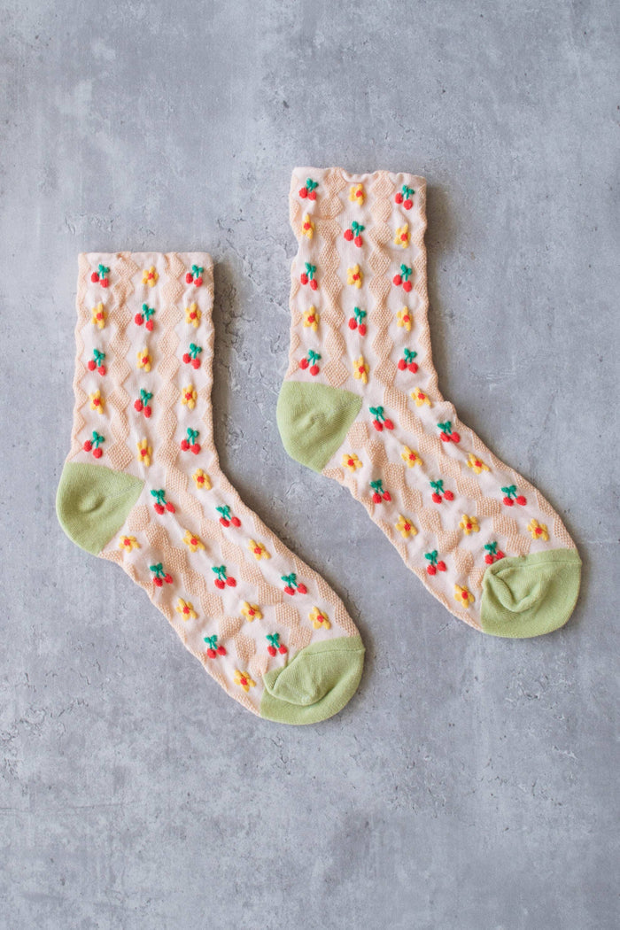Floral Pattern Socks-Cherry