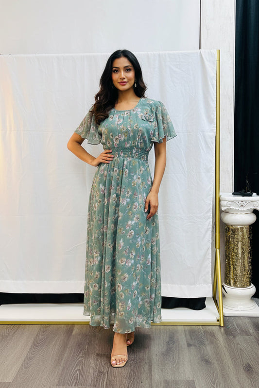Floral Print Flutter Sleeve Maxi Dress