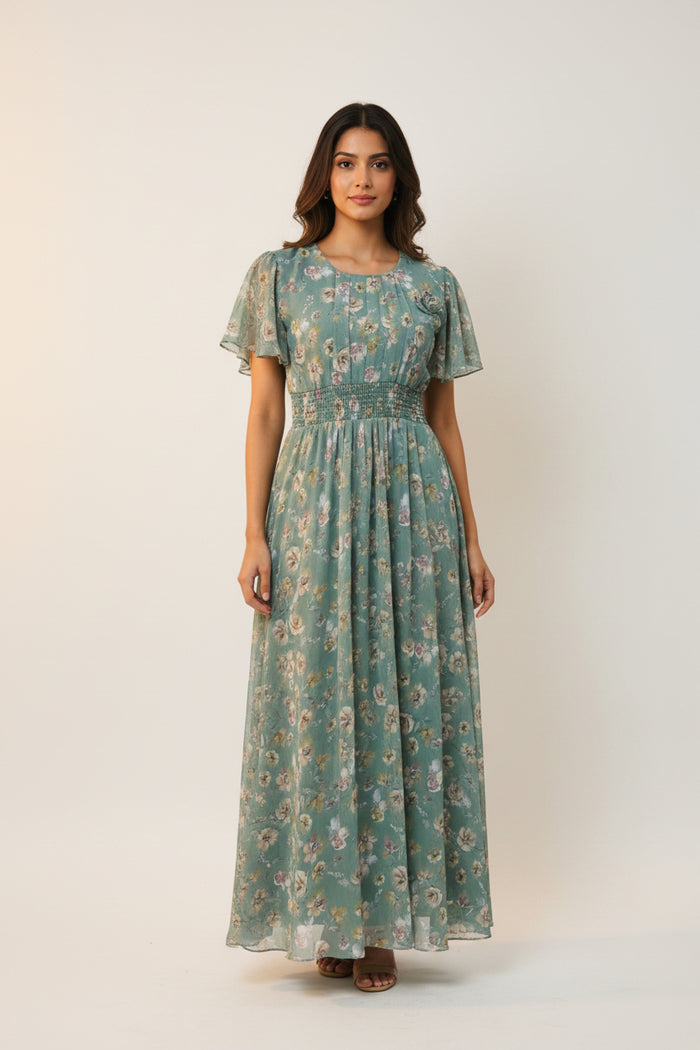 Floral Print Flutter Sleeve Maxi Dress