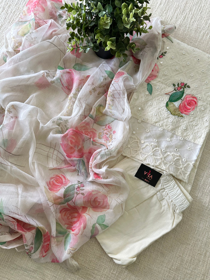 Floral printed Chikan emb Kurti pant set