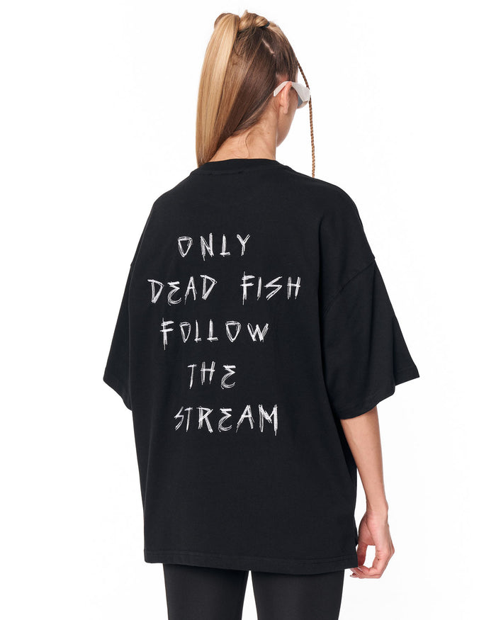 Follow The Stream Black Oversized T-Shirt with statement text print