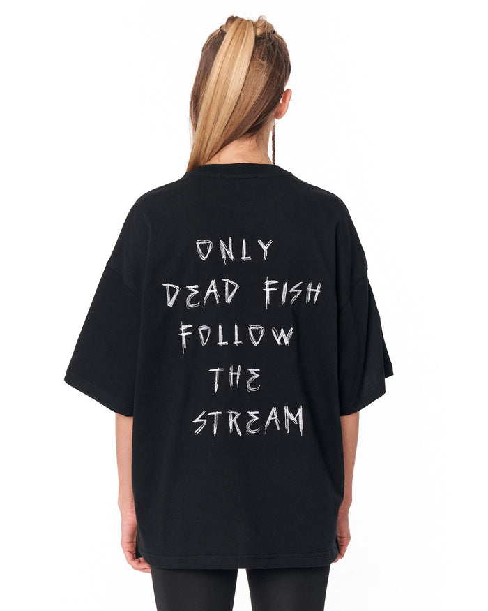 Follow The Stream Black Oversized T-Shirt with white graphic text