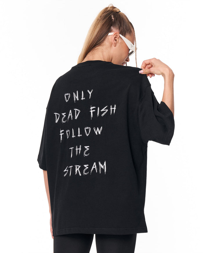 Follow The Stream Black Oversized T-Shirt with drop shoulder design