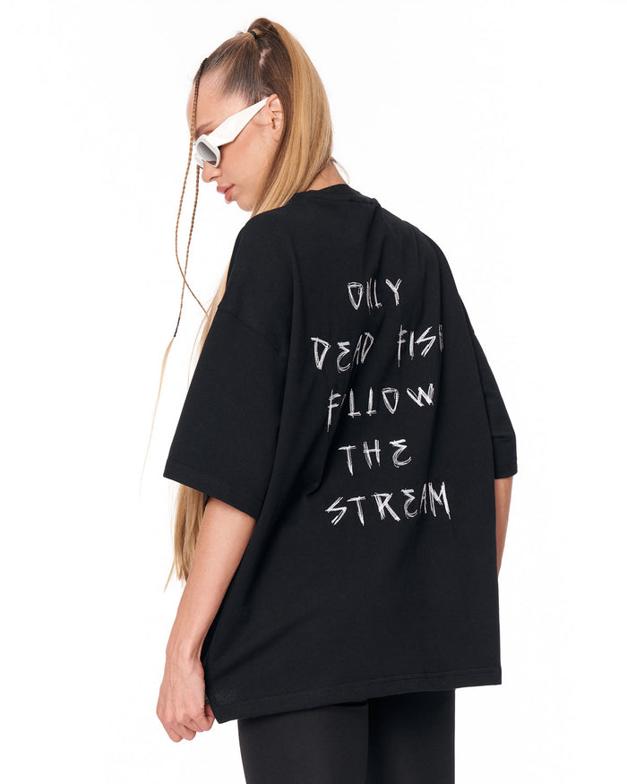 Follow The Stream Black Oversized T-Shirt with wide short sleeves